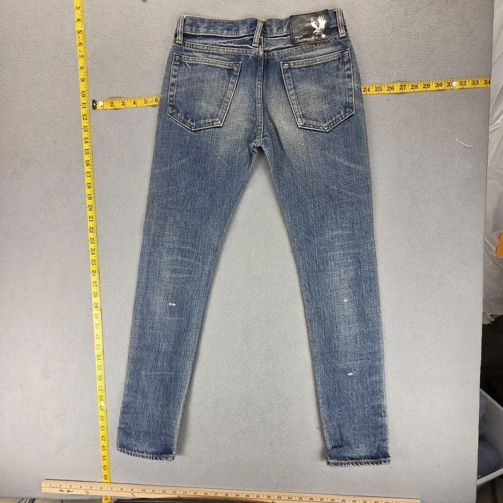 Selvedge Jeans Womens Blue Thrashed Patchwork Plaid Whiskers Studded‎ Fits 27x30